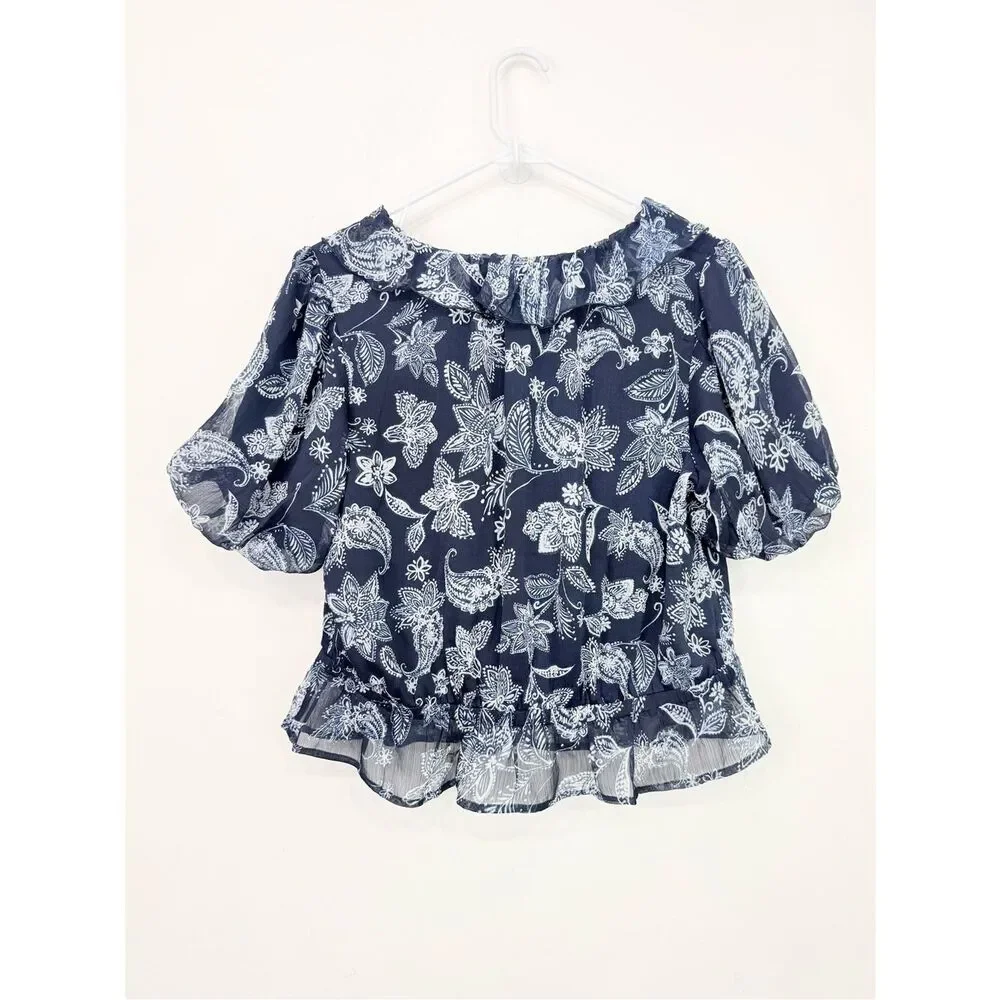 LOFT Blue White Floral Ruffle V Neck Peplum Hem Short Puff Sleeve Blouse NEW